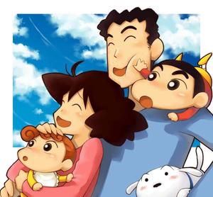a cartoon family with a dog and a cat crayon shin chan wallpaper