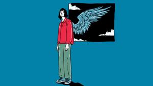 a cartoon illustration of a person with wings girl wallpaper