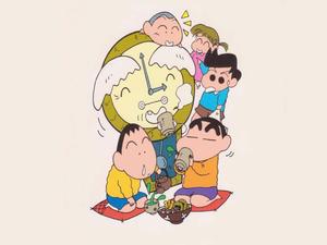 a cartoon of a group of people with a clock crayon shin chan wallpaper