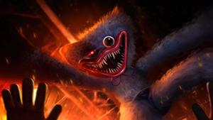 a cartoon of a monster with a flame in its mouth huggy wuggy wallpaper