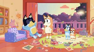 a cartoon room with a family of cartoon characters bluey wallpaper