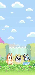a cartoon scene with several cats in the grass bluey wallpaper