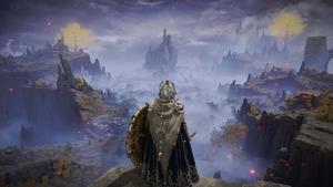 a character standing on a cliff overlooking a city elden ring wallpaper