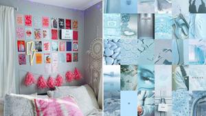 a collage of pictures of a bedroom with blue and white decor aesthetic collage wallpaper