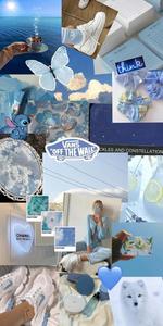 a collage of pictures of blue and white items aesthetic collage wallpaper