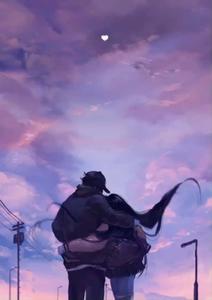 a couple hugging in the street with the moon behind them anime love wallpaper