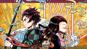 a couple of anime characters with swords in front of a background nezuko wallpaper