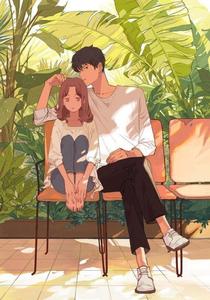 a couple sitting on a bench in a tropical setting anime love wallpaper
