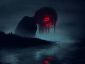 a dark painting of a creature with red eyes weirdcore wallpaper