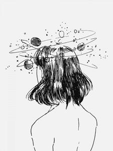 a drawing of a woman with a planet in her head white aesthetic wallpaper