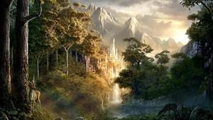 a fantasy landscape with a waterfall and trees lord of the rings wallpaper