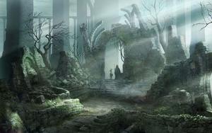 a fantasy scene with a ruined castle and trees forest wallpaper
