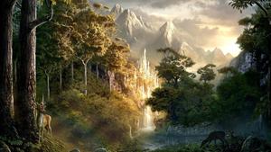 a fantasy scene with a waterfall and trees lord of the rings wallpaper