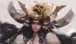 A female samurai wearing a skull headpiece samurai wallpaper