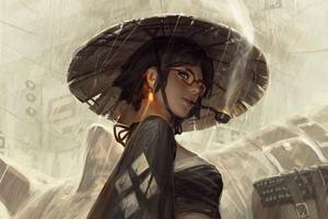 A fierce samurai girl wearing a traditional kasa samurai wallpaper