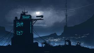 a futuristic city with a clock tower Wallpaper