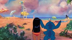 a girl and a boy are standing on the beach stitch computer wallpaper