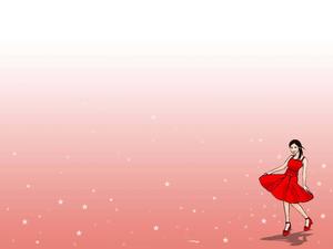 a girl in a red dress is dancing on a pink background