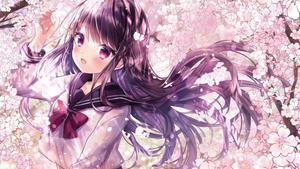 a girl in a school uniform with long hair and pink blossoms cute girly girl wallpaper