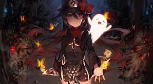 a girl in a top hat and a hat with flames genshin impact wallpaper