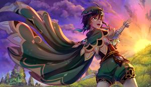 a girl in green with a cape and a sword genshin impact wallpaper