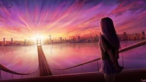 a girl is looking at the sunset Wallpaper