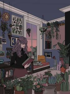 a girl is reading a book in a room full of plants aesthetic drawings wallpaper