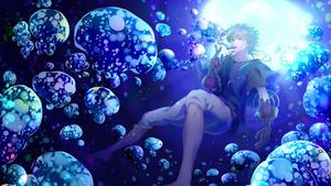 a girl is sitting in the water with bubbles around her anime boy wallpaper