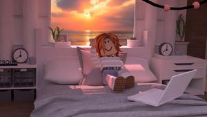 a girl is sitting on a bed with a laptop roblox gfx wallpaper