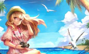 a girl is sitting on the beach with a camera beautiful girl cartoon wallpaper