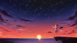 a girl is standing on a cliff looking at the stars anime aesthetic wallpaper