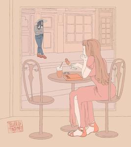 a girl sitting at a table eating a sandwich aesthetic drawings wallpaper