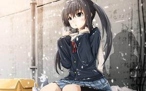 A girl with a scarf looks sadly into the distance animated wallpaper