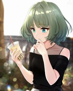 a girl with green hair drinking a bubble tea anime pfp wallpaper