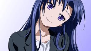 A girl with purple hair blissfully wears a dreamy smile animated wallpaper