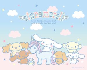 a group of animals with the words dinamoble cinnamoroll laptop wallpaper