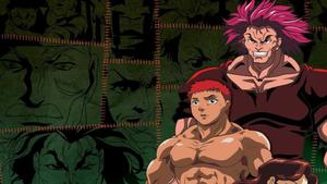 a group of anime characters standing in front of a background baki hanma wallpaper