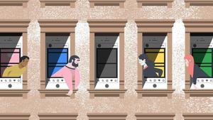 a group of people are sitting on the windows of a building instagram wallpaper