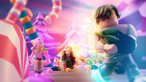 a group of people are standing in front of a candy store roblox gfx wallpaper
