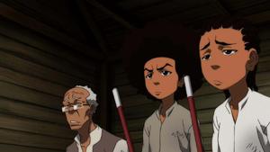 a group of people standing in a cabin with sticks boondocks wallpaper