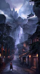 A lone samurai stands in a historic Japanese alleyway. samurai wallpaper