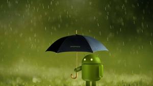 A lonely silhouette of a robot stands in the center of a night filled with rain, lit only by lightning android wallpaper