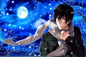 A lonely winter night in the snow, with a melancholy Anime Boy anime boy wallpaper