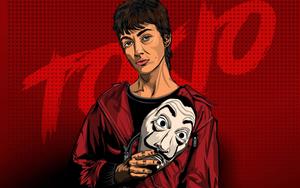 a man holding a mask with the words toto money heist wallpaper