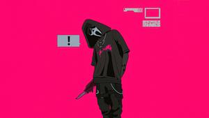 a man in a black hoodie standing in front of a pink wall ghostface wallpaper