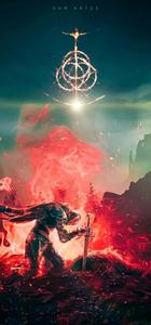 a man is standing in front of a fire elden ring wallpaper