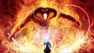 a man is standing in front of a fire lord of the rings wallpaper