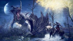 a man riding a horse next to a dragon elden ring wallpaper