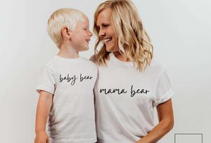 a mother and son wearing t - shirts that say baby mama bear matching wallpaper