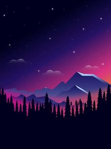a mountain landscape with stars and trees at night tablet wallpaper